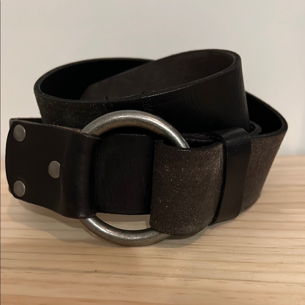 Wide Black Leather Belt with Silver Buckle